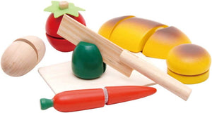 Stor Montessori Eco trælegemad | Legetøjsmad i træ | Legekniv, bakke | 3 år+