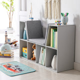 Denne montessori grå bogreol og læsesæde til børn er en unik og praktisk genstand til ethvert soveværelse eller legerum