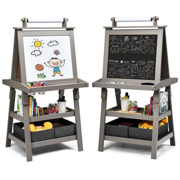 Deluxe Eco Easel | Double Sided Whiteboard & Chalkboard Painting Easel and Paper Roll | 2 Storage Boxes | Grey