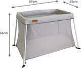 This award-winning travel cot is 85cm long x 55cm wide x 66cm high in light grey