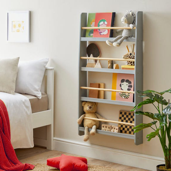Scandi-Designed 4 Tier Wall Mounted Montessori Bookcase | Grey | 1.12m High