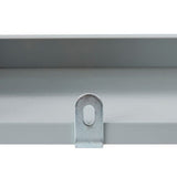 Wall mounted hardware to attach to the wall for safety on this montessori bookcase in soft grey