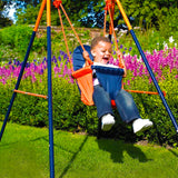 This folding toddler swing has full fabric lower body surround and high back support and lap strap to ensure maximum security