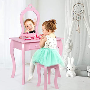 Mädchen-Prinzessin-Schminktisch und Hocker mit Spiegel und Schubladen | Schminktisch für Kinder | Rosa | 3-8 Jahre