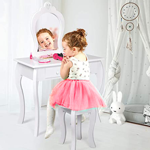 Toeletta e sgabello, specchio e cassettiera rosa per ragazze