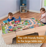 This is a beautifully made 2-in-1 play set that has its own train set as well as a play table.
