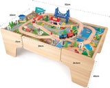 Deluxe großes Montessori-Eco-Holzeisenbahn-Set | 2-in-1-Eisenbahntisch aus Holz | 80-teiliges Zugset