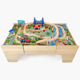 Deluxe großes Montessori Holzeisenbahn-Set | 2-in-1-Eisenbahntisch aus Holz | 80-teiliges Zugset