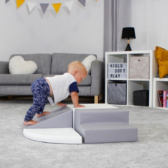 Soft Play Equipment | 4 Piece Climb & Slide Foam Play Set | Grey & White | 6m+