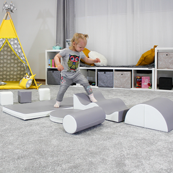 Montessori XL Set Soft Play Equipment | 8 Piece Climb & Slide Foam Play Set | Grey & White | 6m+