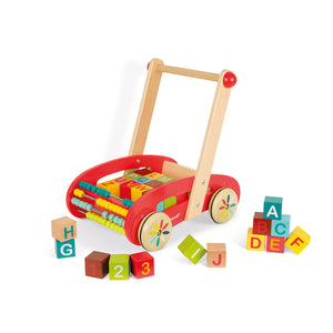 Wooden Baby Walker Push-Along | ABC Buggy Trolley with 30 Blocks | 12m+
