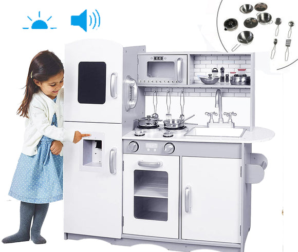 Deluxe Montessori Inspired Wooden Toy Kitchen | Water Dispenser | Phone | Large Blackboard | Accessories