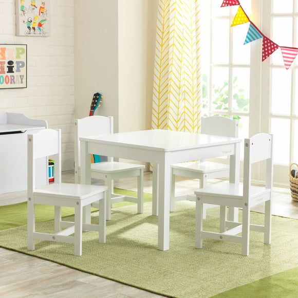 This white wooden table and 4 chunky chairs is perfect for arts and crafts and more
