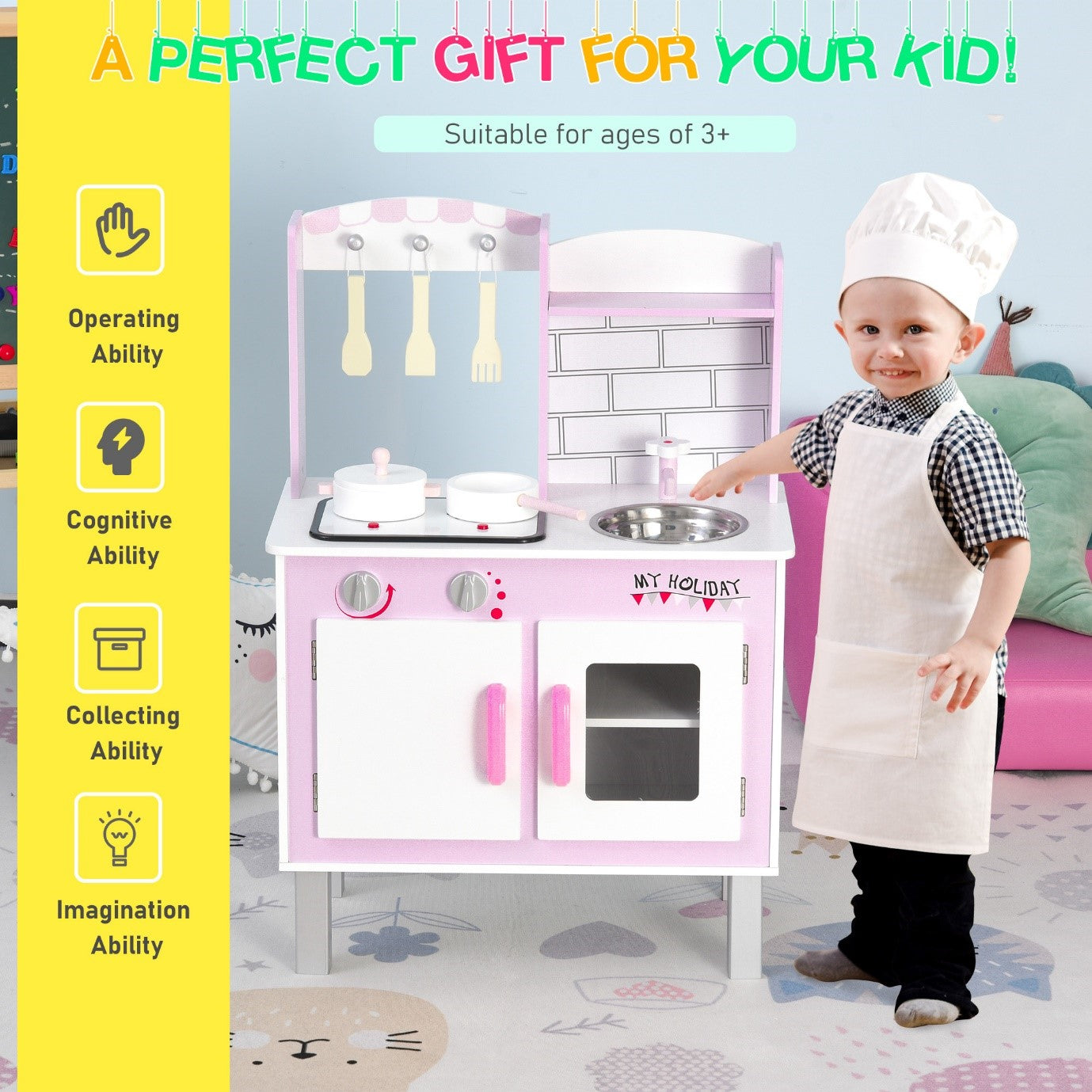 Kids Montessori Inspired Wooden Toy Kitchen with Realistic Sounds Accessories Candy Pink White
