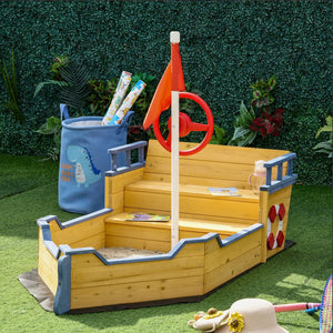 Made from strong cedar wood, this pirate ship sandpit has realistic features including flags, rudders, life buoy and ​flag