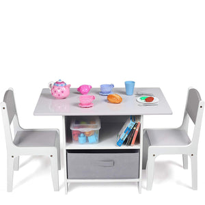 Childrens Scratch-resistant Wooden Table and 2 Chairs Set with Large Storage Drawers | White & Grey