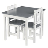 This kids table and chairs set in eco wood is in bright white with a grey matt desk top and chairs