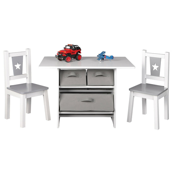 Kids Wooden Table & 2 Chairs Set | 3 Storage Bins | Soft Grey & White | 3 years+