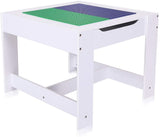 This table has a removable and double sided desk top with a lego board on one side, white on the reverse