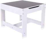 Esta mesa tiene un tablero extraíble y de doble cara con acabado de pizarra en un lado y blanco en el reverso.