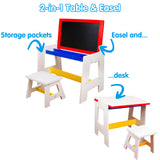 Ensemble table et tabouret 2 en 1 en bois massif respectueux de l'environnement avec chevalet, rangement et rouleau de papier | 3-8 ans