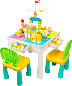mesa de actividades de arena y agua Montessori ajustable en altura 5 en 1 | 2 sillas con bloques de 100 piezas y pista de canicas | 3 años+