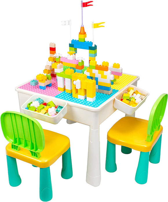 5-in-1 Height-Adjustable Montessori Sand & Water Activity Table | 2 Chairs with 100 pc Blocks & Marble Run | 3 Years+