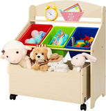 With 3 bright coloured plastic boxes and a large wooden wheeled box, this storage unit offers ample storage space