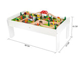 This train table is made from wood and MDF with non toxic paint finish and comes with a 90 piece train set and wooden toys