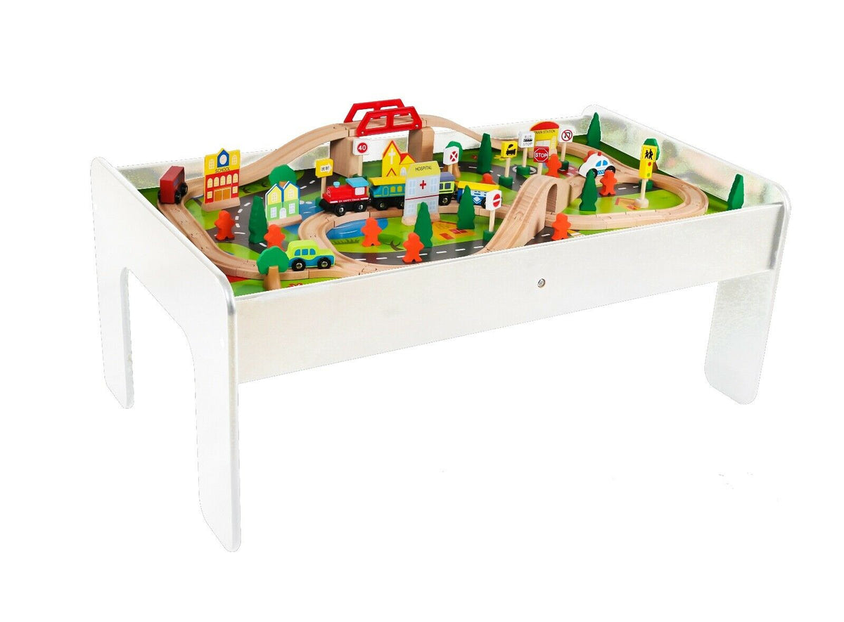 2-in-1 Montessori Wooden Train Table & City Play Table | 90pc Train Se ...