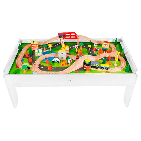 2-in-1 Wooden Train Table & City Play Table | 90pc Train Set | White