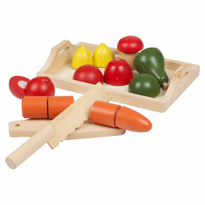 9 पीस मोंटेसरी इको वुडन प्ले फ़ूड | लकड़ी का खिलौना खाना | कटिंग बोर्ड, ट्रे और फल | 3 वर्ष+