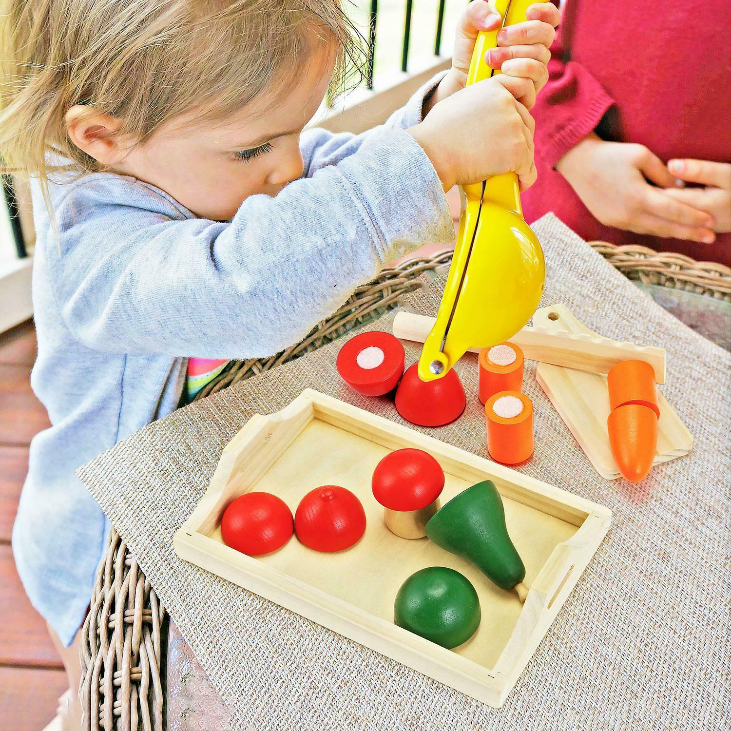 9 Piece Montessori Eco Wooden Play Food Set inc. Board Tray Fruit www.littlehelper