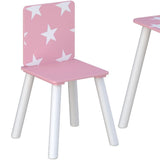 Dieses Tisch- und Stuhlset für Kinder besteht aus einem stabilen Tisch und zwei Miniaturstühlen