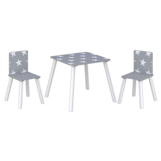 Cool and cute, this kids table and chairs set in a white and soft grey colour scheme with white stars spread across them