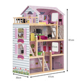 Dit moderne poppenhuis van ecologisch hout is 81 cm hoog x 61 cm breed x 30 cm diep in roze en wit met natuurlijke houten elementen