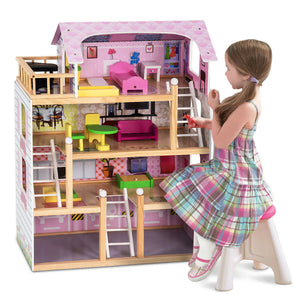 Groot montessori gedetailleerd eco houten poppenhuis | Poppenhuis van 4 verdiepingen | meubelstukken