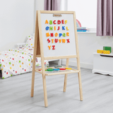 This childrens easel has a blackboard and magentic whiteboard as well as paint pots and shelf