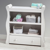 The White Wooden Willow open baby changing unit with drawer is a part of a vintage-style furniture collection