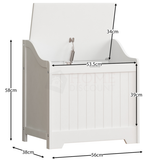 This white toy box, shoe box, toy chest, ottoman or blanket box is 56cm long, 58cm high x 38cm deep
