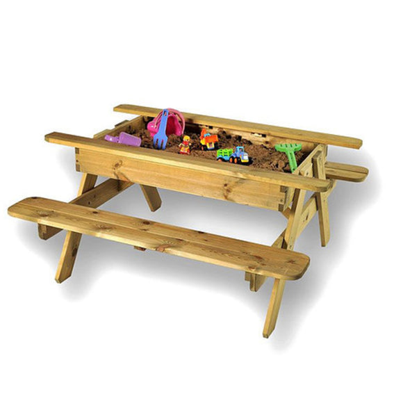 a wooden sandpit table with a lift off lid and a children's sand pit underneath.