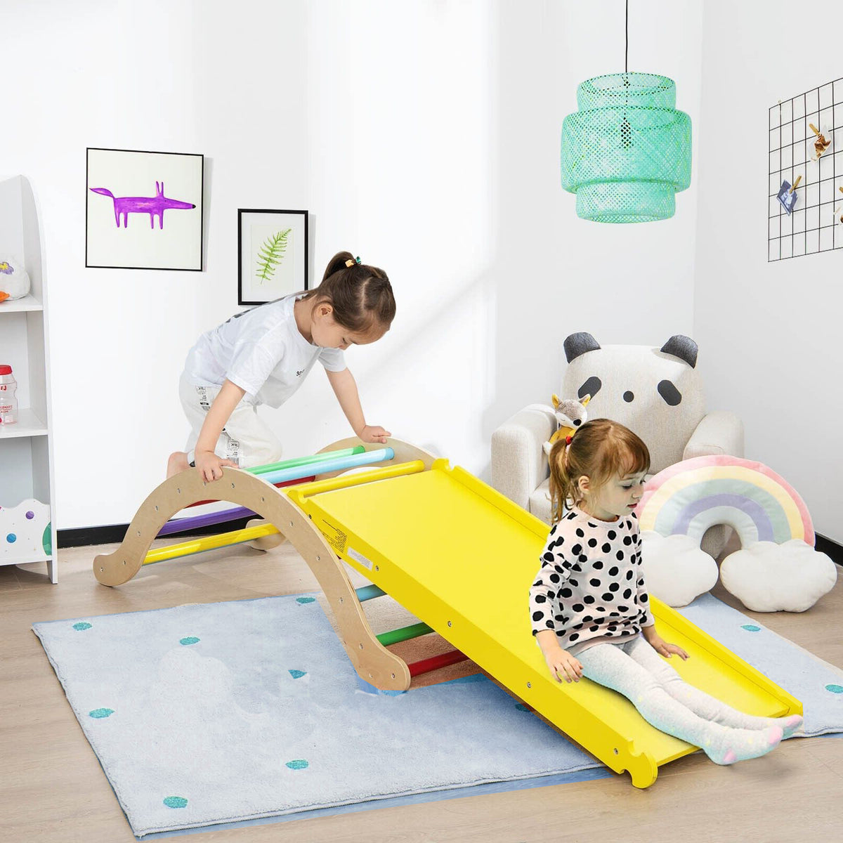 4-in-1 Kids Montessori Pikler Climbing Arch, Slide, Rocker & Mattress ...