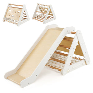 estrutura de escalada infantil em madeira de bétula ecológica 4 em 1 | Montessori Pikler Triângulo, Slide e Escalador | Madeira Natural e Branco