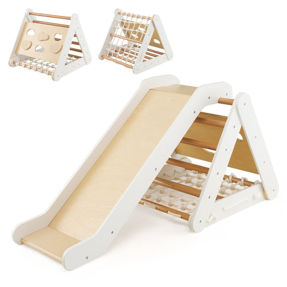 4-in-1 Children's Eco Birch Wood Climbing Frame | Montessori Pikler Triangle, Slide & Climber | Natural Wood & White