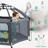 This super sturdy playpen and travel cot comes with inflatable mattress and carry bag