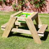 High Quality Montessori 4-in-1 Eco Wooden 2 Seater Picnic Bench, Water Station, Sandpit & Mud Kitchen + Lid | 3 Years +
