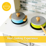 This toy kitchen includes a pot and a pan for the pretend hob