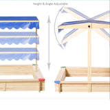 Solid eco friendly fir wood sandpit with height and angle adjustable canopy/roof