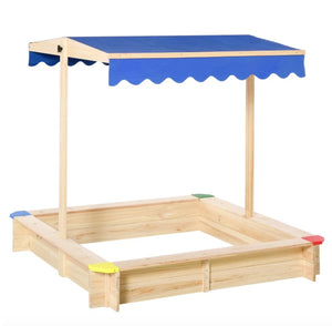 This kids wooden sandpit with blue canopy tilts at different angles to protect from UV rays