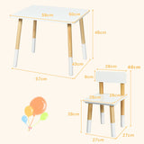 Table: L: 59 x W: 50 x H:48cm - Chairs:  L: 28 x W: 28 x H:48cm Chair seat height: 28cm - Weight capacity of each chair: 80kg - Weight capacity of table: 50kg